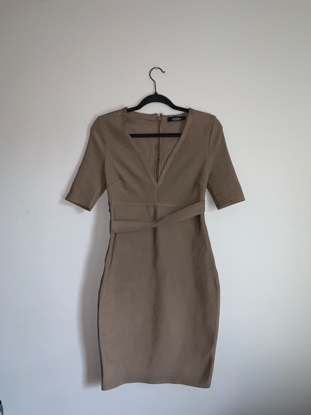 Akira Short-Sleeve V-Neck Belted Midi Dress - Taupe Crepe Knit